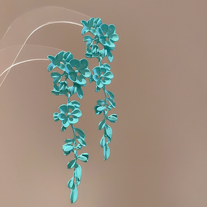 Women's Fresh Blue Fabric Flower Tassel Seaside Vacation Style Light Stud Earrings