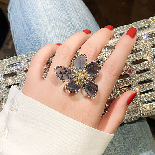 Women's Fashion Exaggerated Alloy Flower Light Luxury Minority Design Open Rings