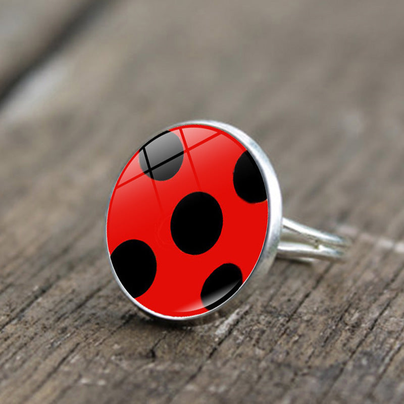 Round Polka Dot Time Stone Cartoon Anime Ladybug Brush Printed Ring