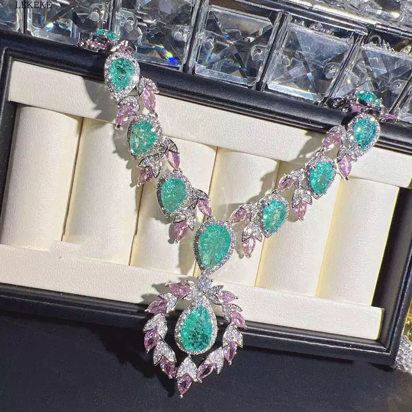 Light Luxury Pink Green Zirconium Bride Evening Dress Palace Style Necklace