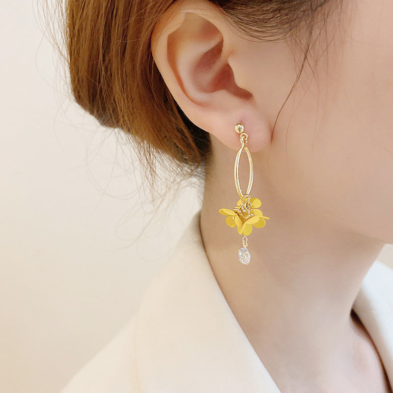 Women's Fashion Sier Fairy Flower Long Sweet Tassel Yellow Rings