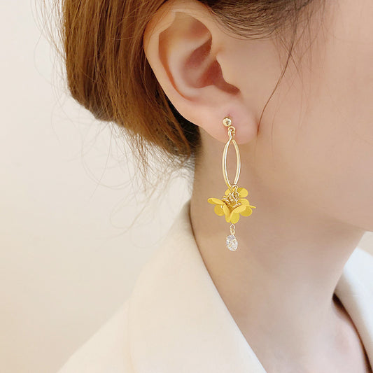 Women's Fashion Sier Fairy Flower Long Sweet Tassel Yellow Rings
