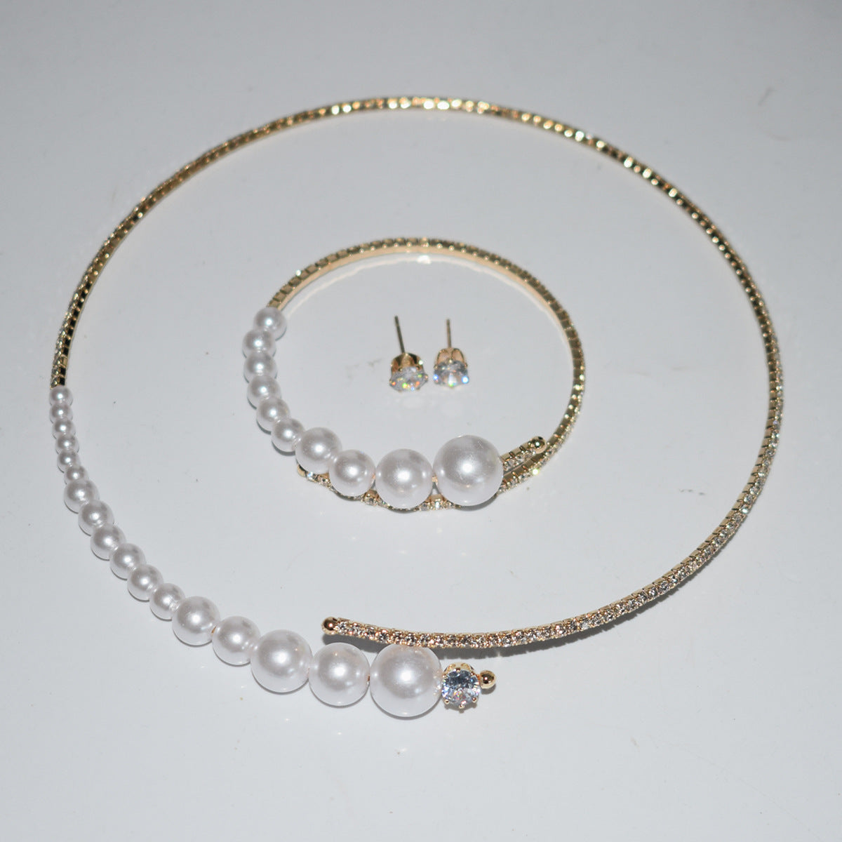 Women's Diamond Stringed Pearls Collar Bridal Rhinestone Jewelry Set