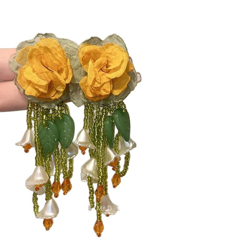 Women's Green Leaf Lily Yellow Series Tassel Light Luxury High-grade Sweet Rings