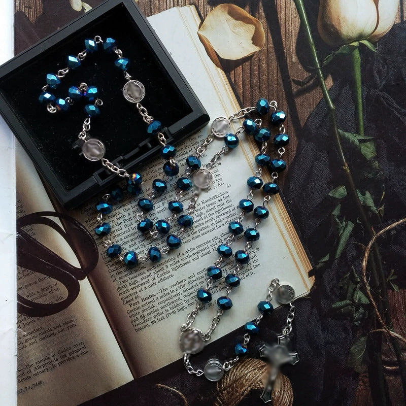 Handmade Beaded Blue The Crystal Long Alloy Sweater Necklace