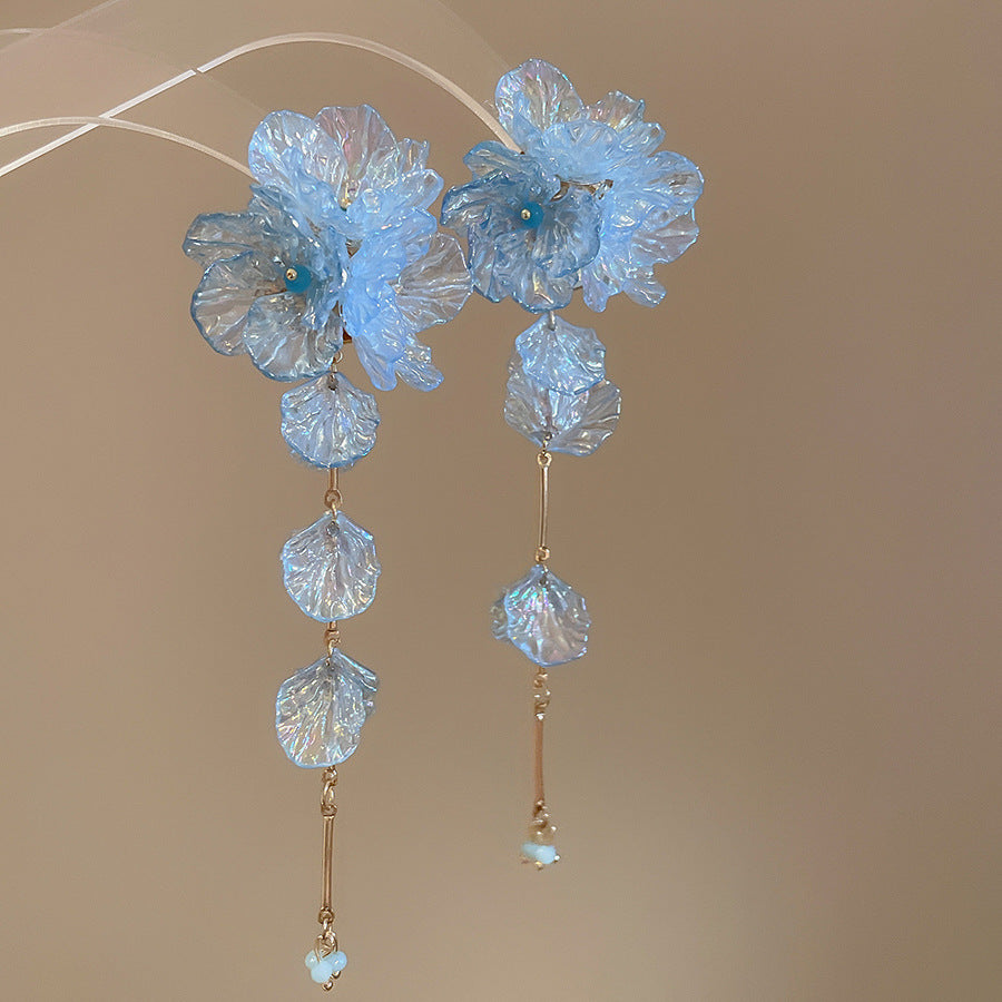 Women's Fresh Blue Fabric Flower Tassel Seaside Vacation Style Light Stud Earrings
