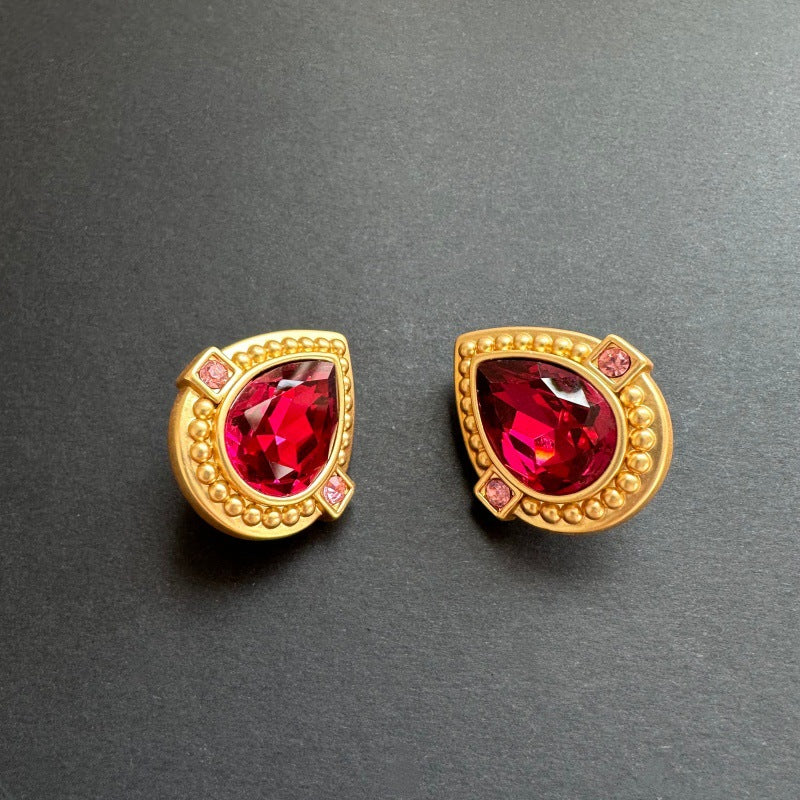 Retro Matte Brass Texture Heart Color Glass Ear Stud Earrings