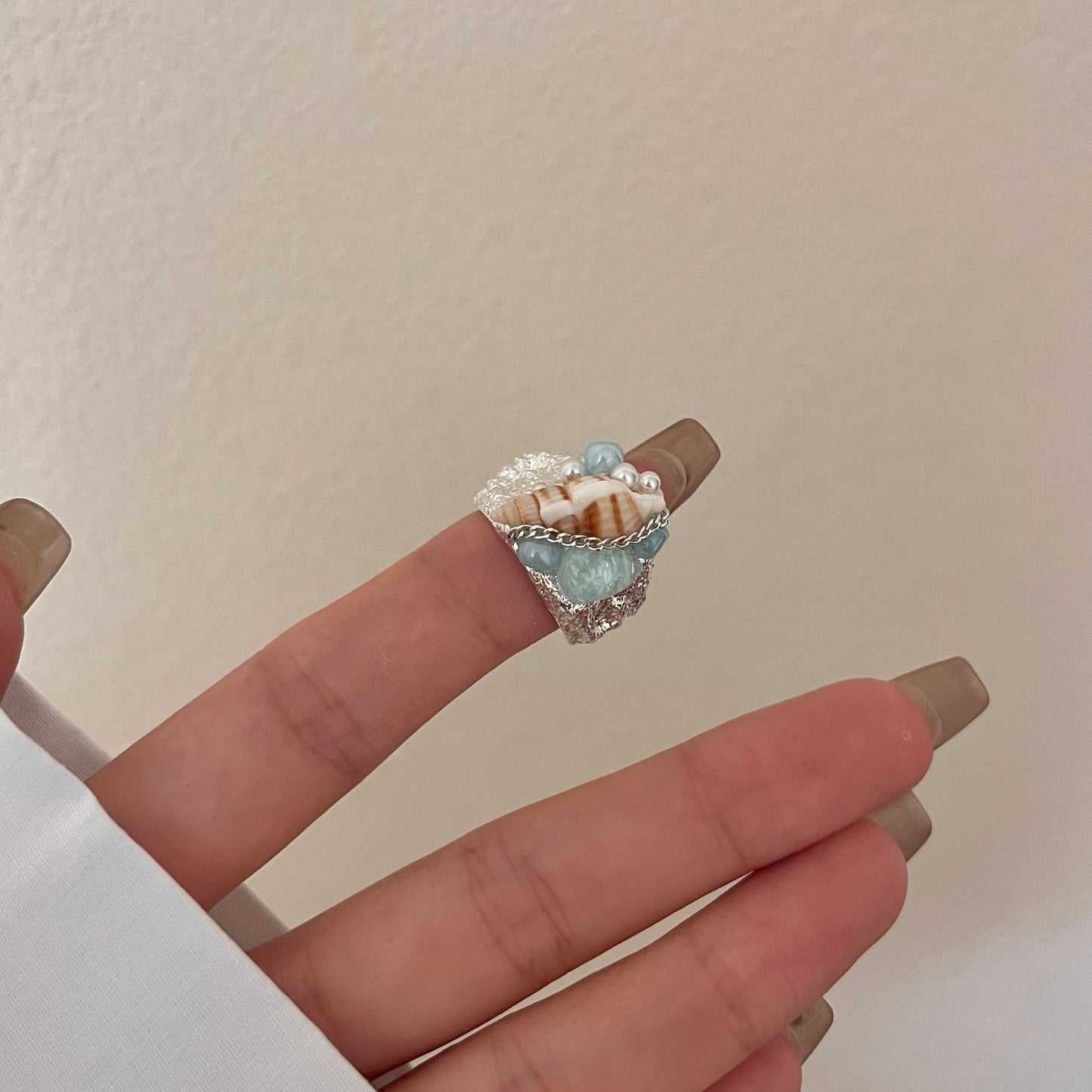 Style Natural Water Blue Stone Shell Handmade Cold Wind Metal Rings