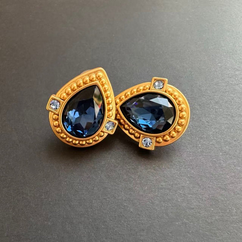 Retro Matte Brass Texture Heart Color Glass Ear Stud Earrings