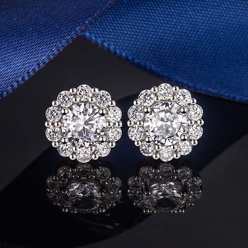 Imitation Moissanite Female Sun Flower Ear Karat Electroplated Platinum Live Stud Earrings