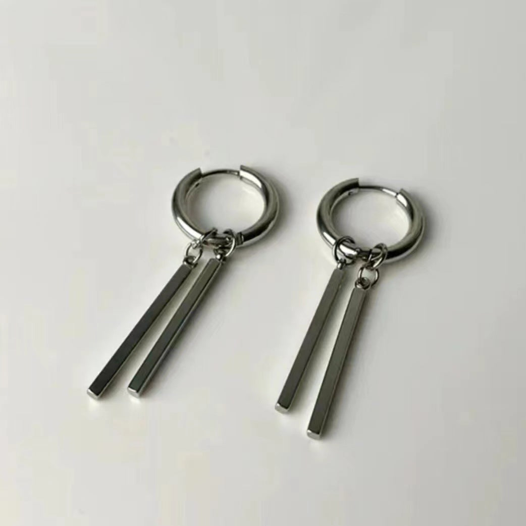 Men's Stainless Steel Double Stick Rectangular Long Bar Niche High Sense Earrings