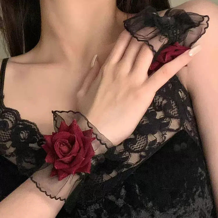 Black Lace Wristband Female Wine-red Rose Bracelets