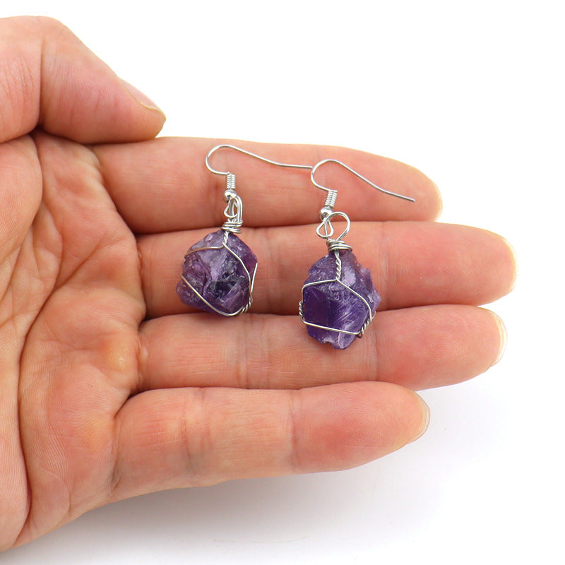 Women's Handmade Sier Winding Natural Stone Rough Crystal Agate Earrings