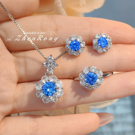 Women's Colored Gems Diamond Blue Plum Blossom Minimalist Daily Ear Jewelry Set