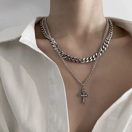 Men's Cross Design Double Layer Twin Cuban Necklace