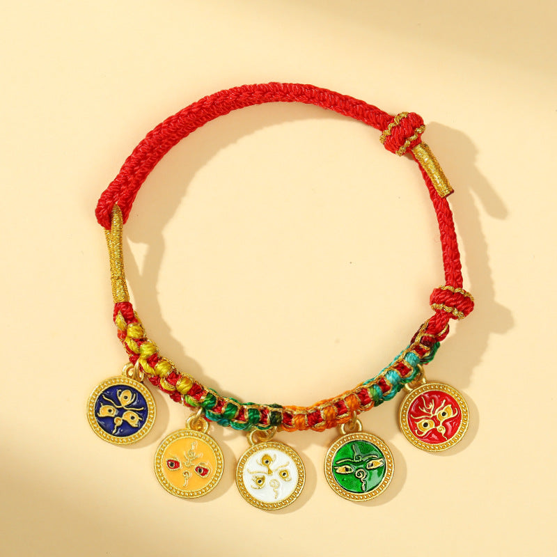 Women's & Men's Tibetan Style Five Gods Of Wealth Carrying Strap Hand-woven Peach Bracelets