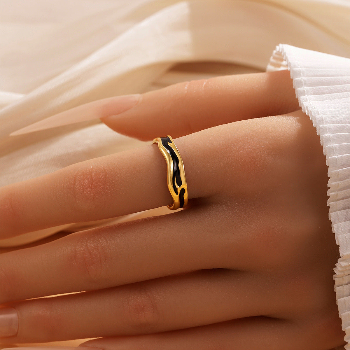 Retro Irregular Enamel Epoxy Stainless Steel Narrow Version Black Ring