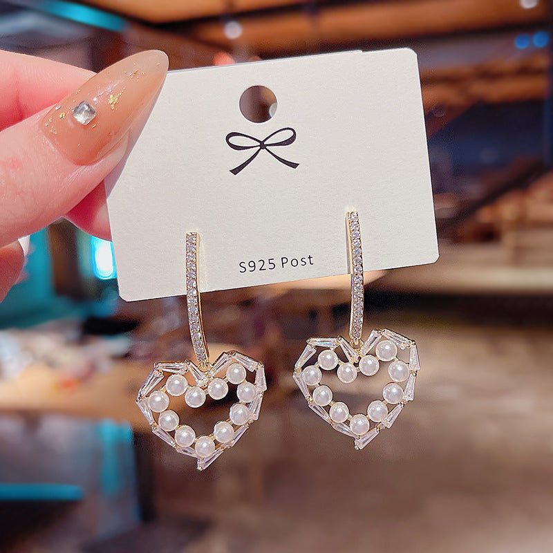 Luxury Minority Korean Style Hollowed Heart Shape Pearl Zircon Super Rings