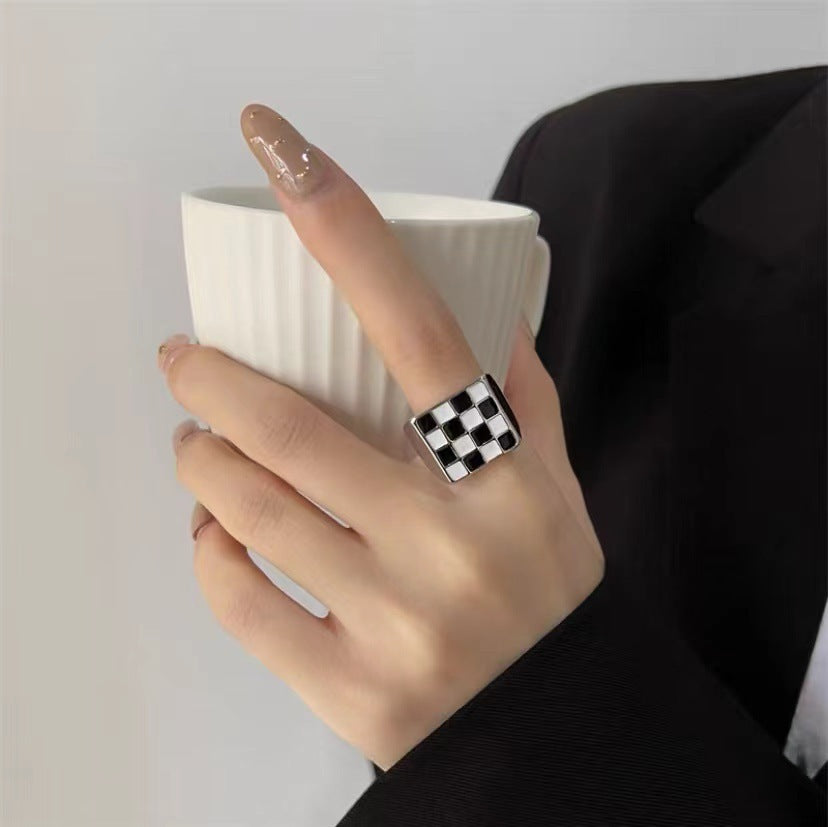 Chessboard Plaid Drip Glazed Open Female Summer Niche Design Cold Ring