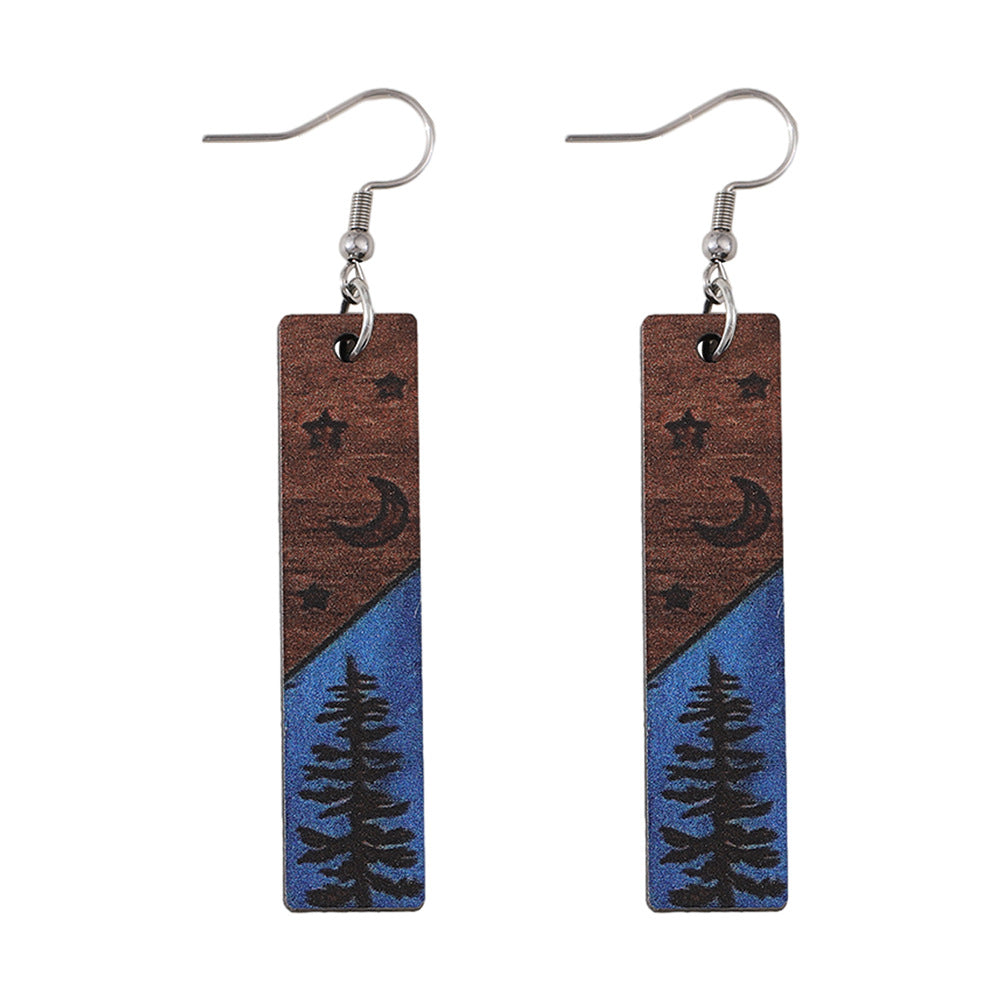 Women's Western Style Pine Star Moon Rectangular Geometric Earrings