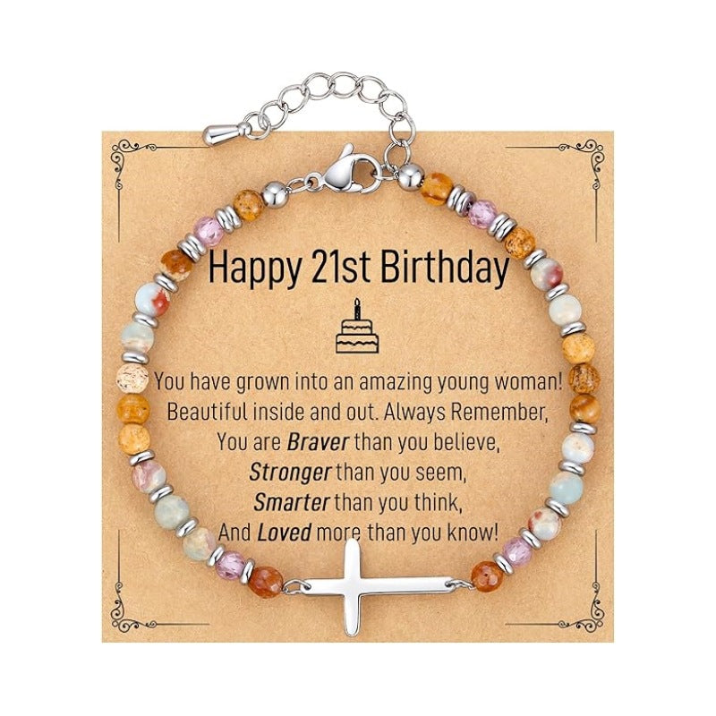 Women's Natural Stone Beaded Cross Lobster Buckle Adjustable Band Bracelet