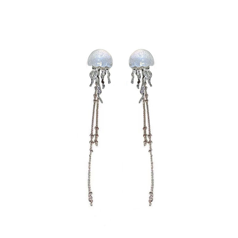 Women's Sier Needle Jellyfish Tassel Unique Design Stud Earrings