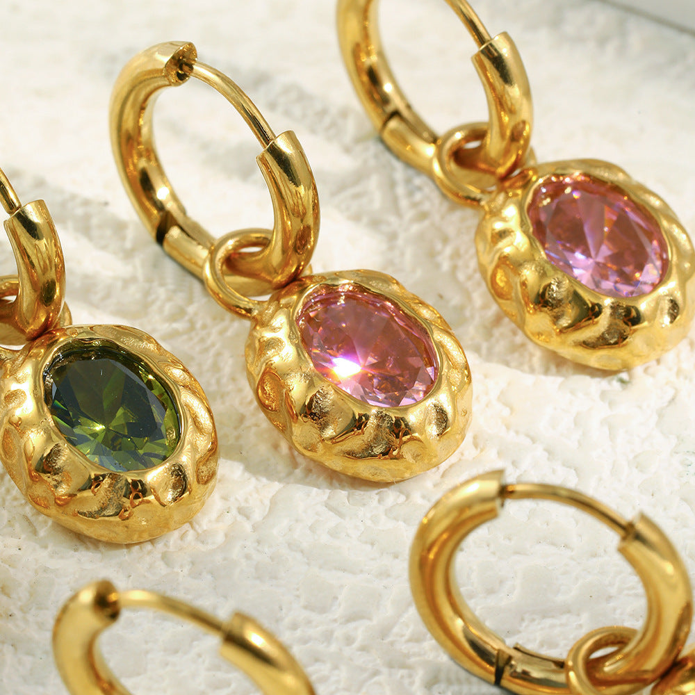 Luxury Stainless Steel Plated Beating Pattern Oval Earrings