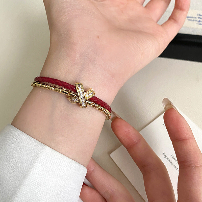 Double Layer Leather Cord Female Stitching Design Sense Micro Inlaid Bracelet