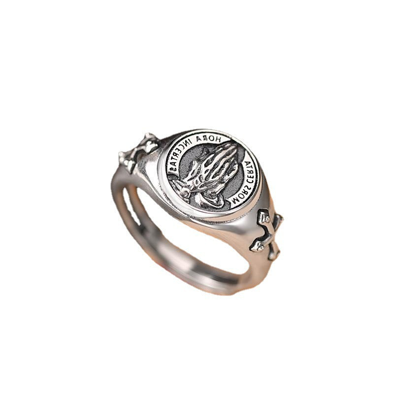 Men's Sier Personality Retro Praying Hands Open Blessing Ring