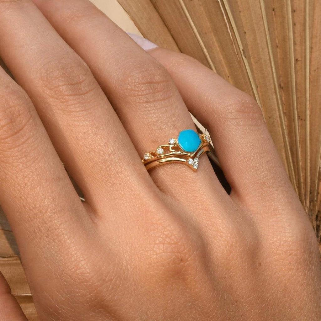 Women's Simple Fashion Couple Ornament Inlaid Lake Blue Rings