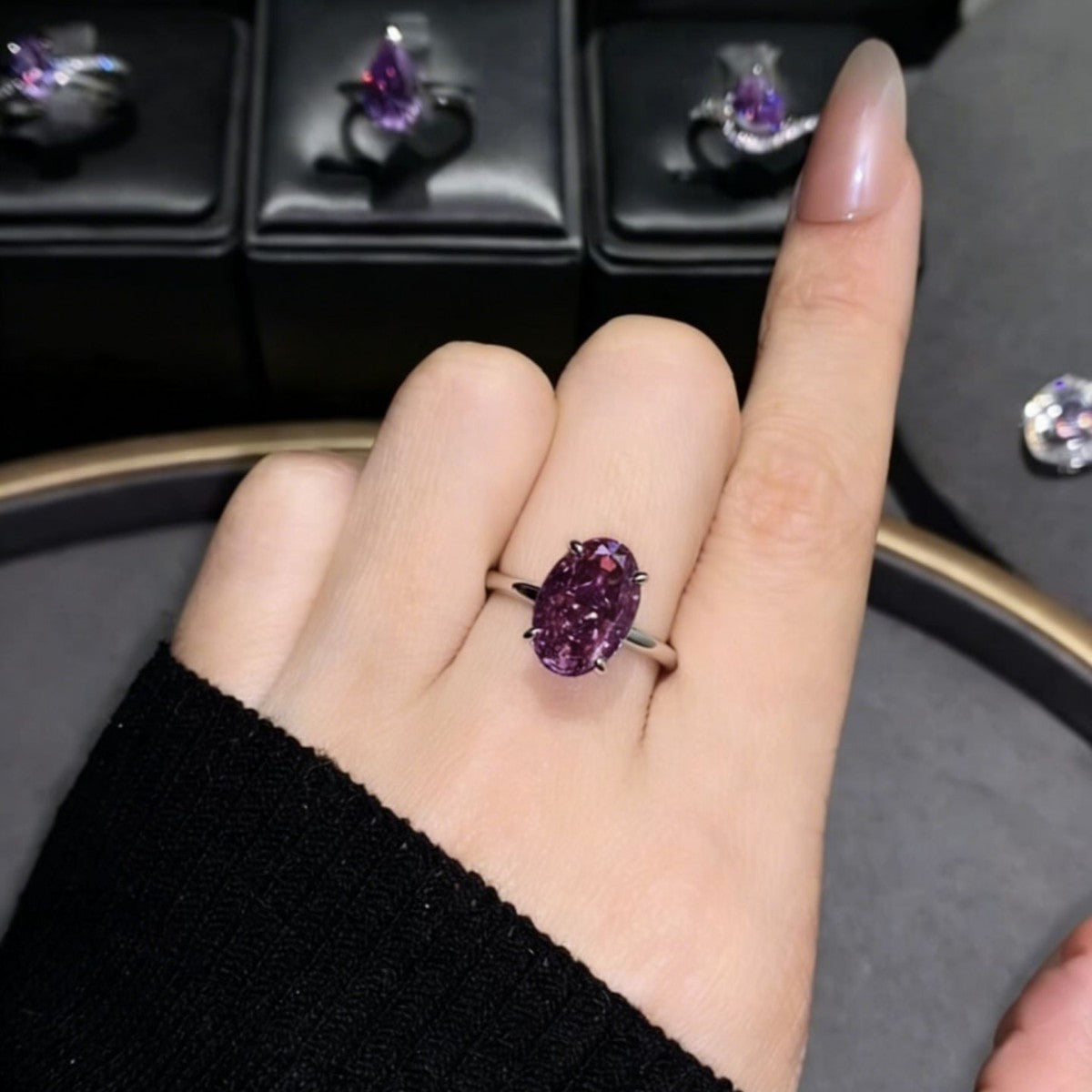 Grape Pink Purple Minimalist Big Diamond High-grade Ring
