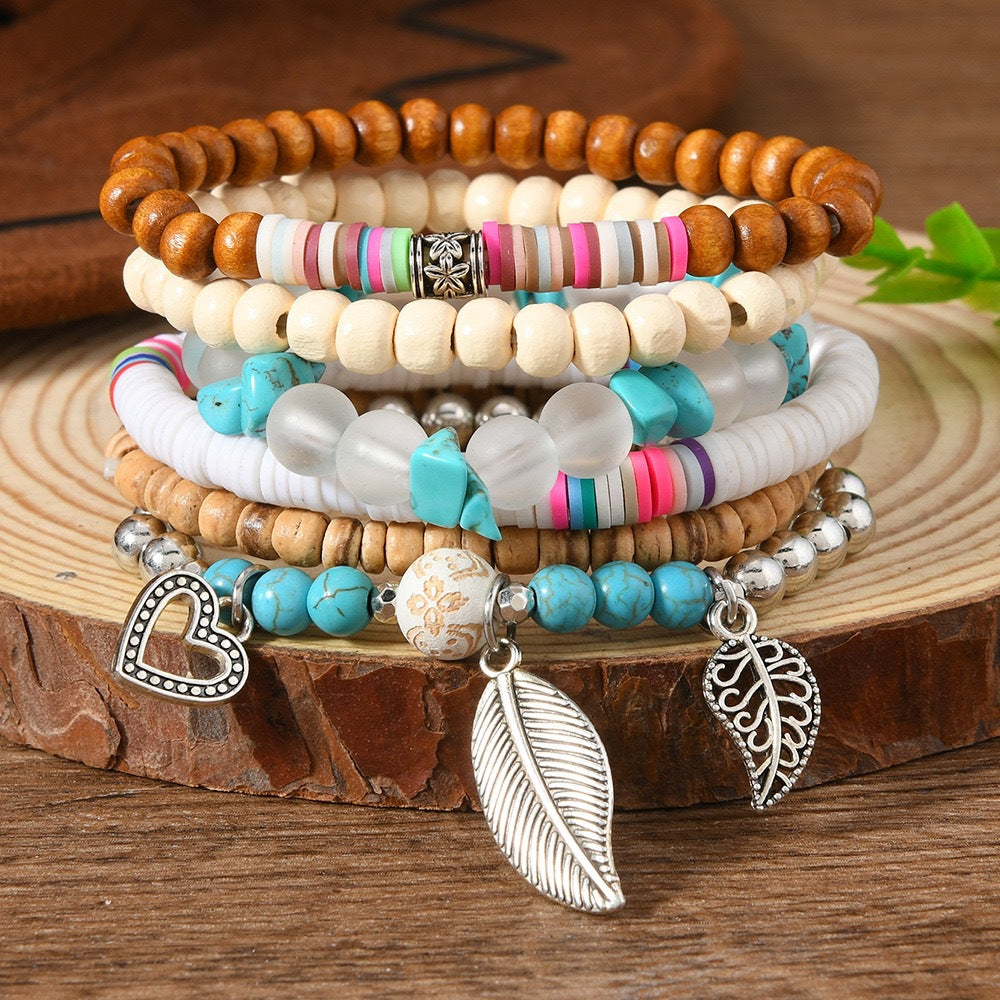 Wooden Bead Leather Rope Twin Ethnic Bracelet