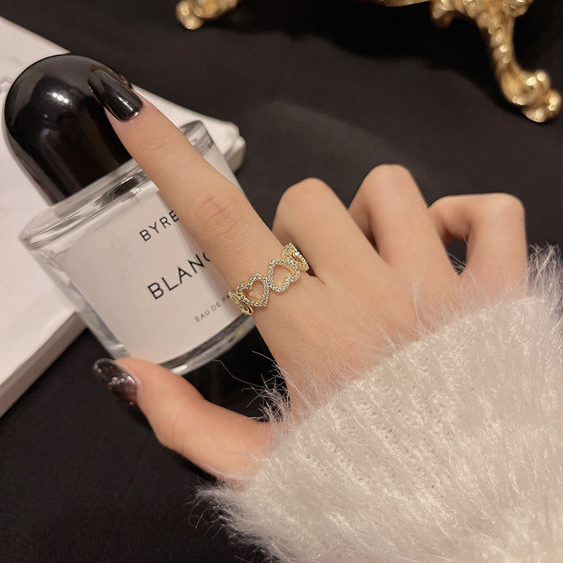 Women's Style Hollow Love Heart-shaped Fashion Personality Diamond Opening Retro Simple Rings