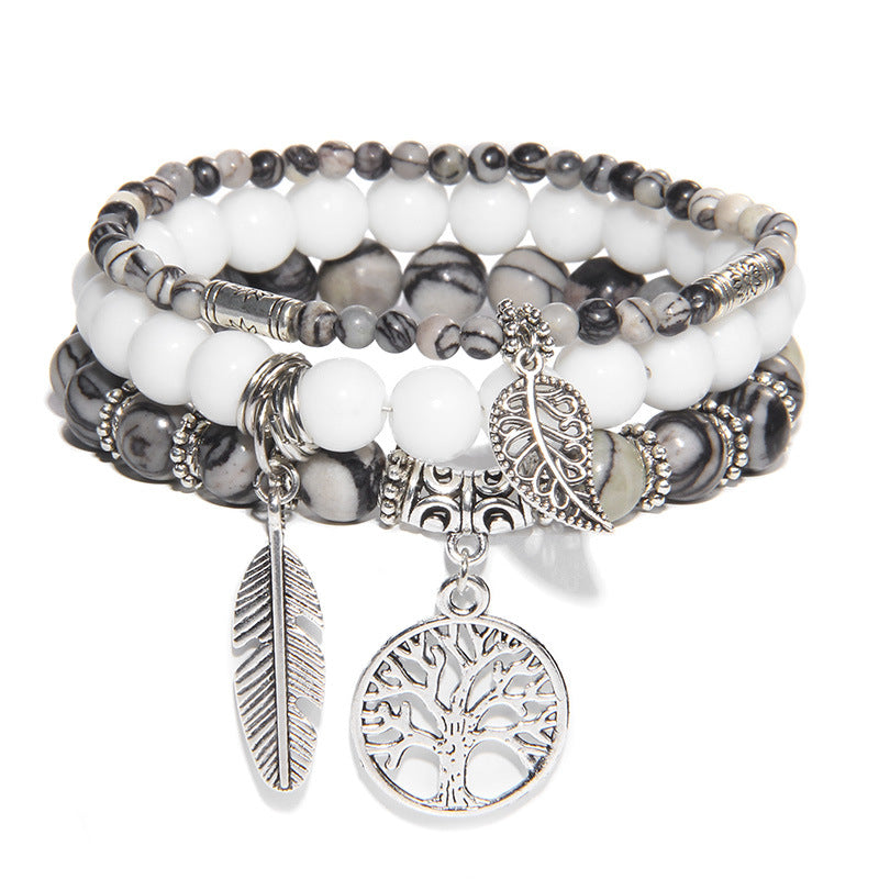 Women's Stone Bead Three-piece Tree Of Life Feather Vintage Bracelets