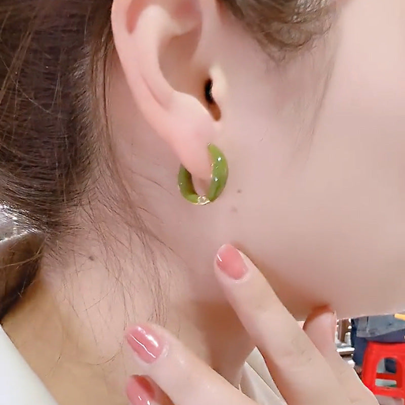 Women's Green Drip Glazed Circle Ear Clip Design High-grade Earrings
