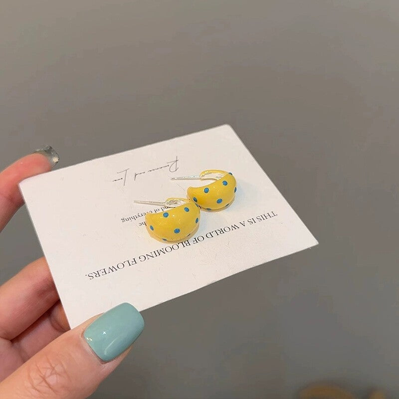 Custard Polka Dot Drop Oil Half Stud Earrings
