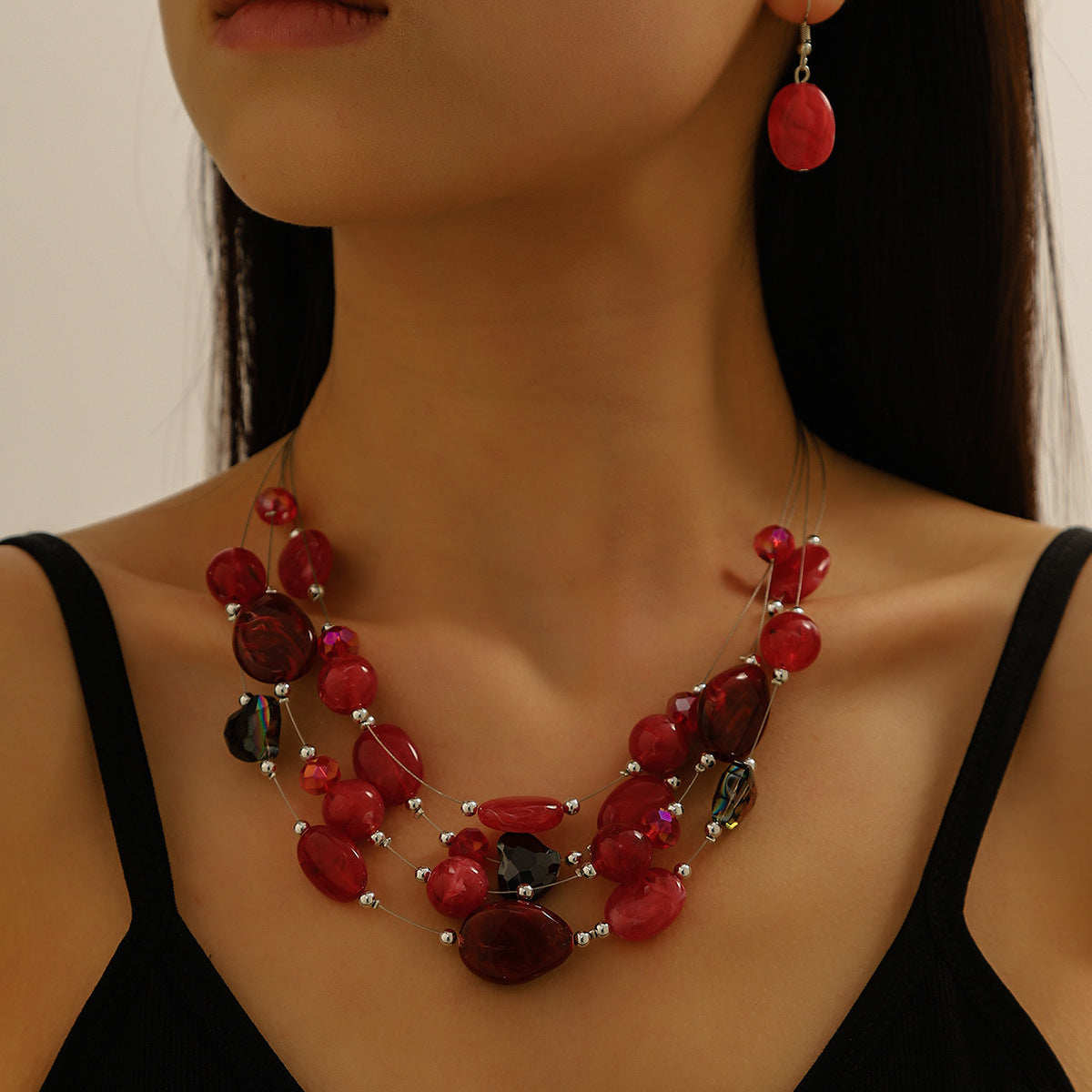Women's Fashion Style Korean Love Pink Beaded Simple Graceful Jewelry Set