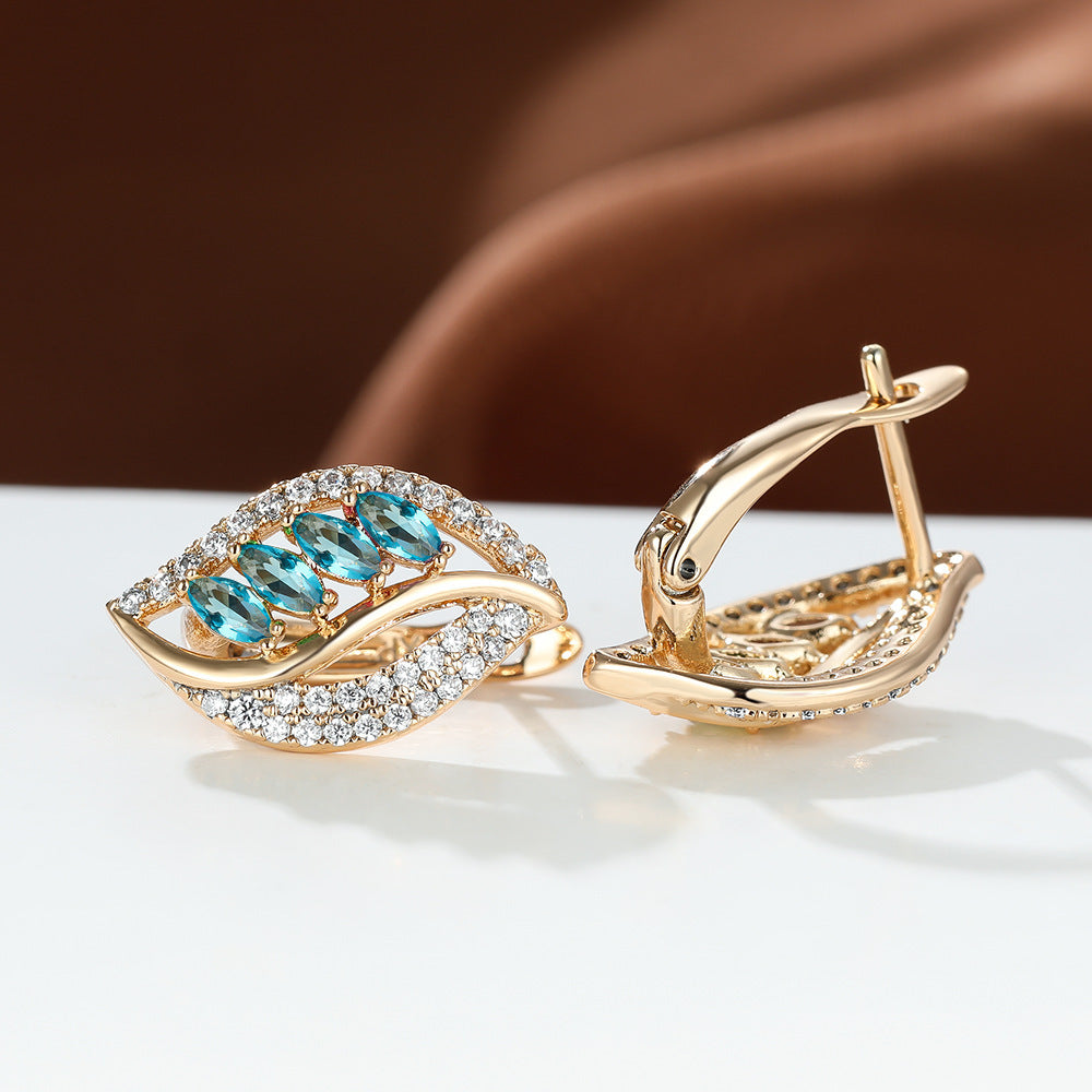 Green Empty Female Champagne Gold Four Diamond Leaf Micro High Stud Earrings