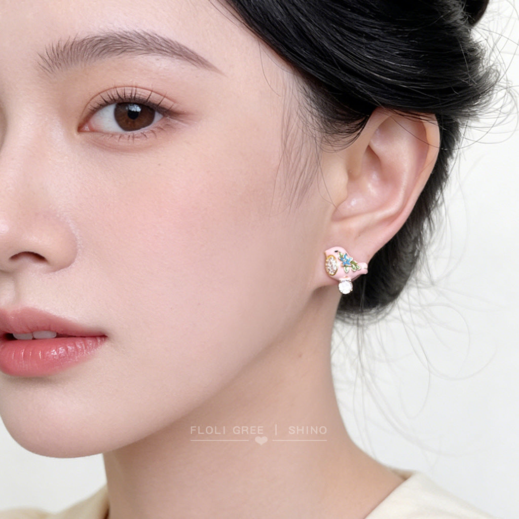 Sweet Cute Enamel Drop Glaze Painted Micro Inlaid Zircon Sier Stud Earrings