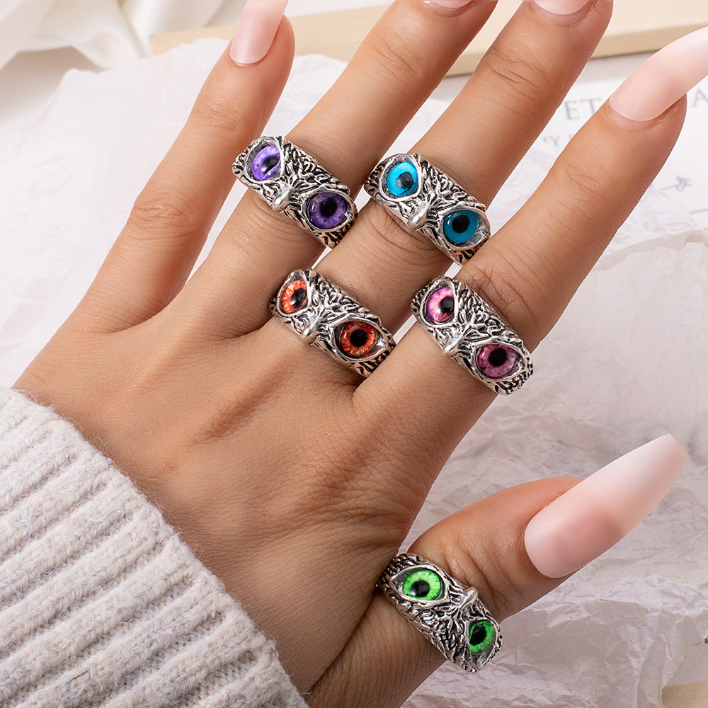 Owl Combined Retro Colorful Eye Opening Ring
