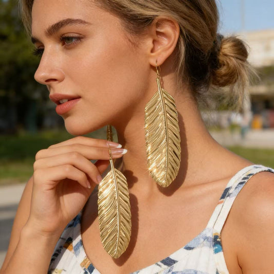 Exaggerated Long Metal Feather Textured Niche Earrings
