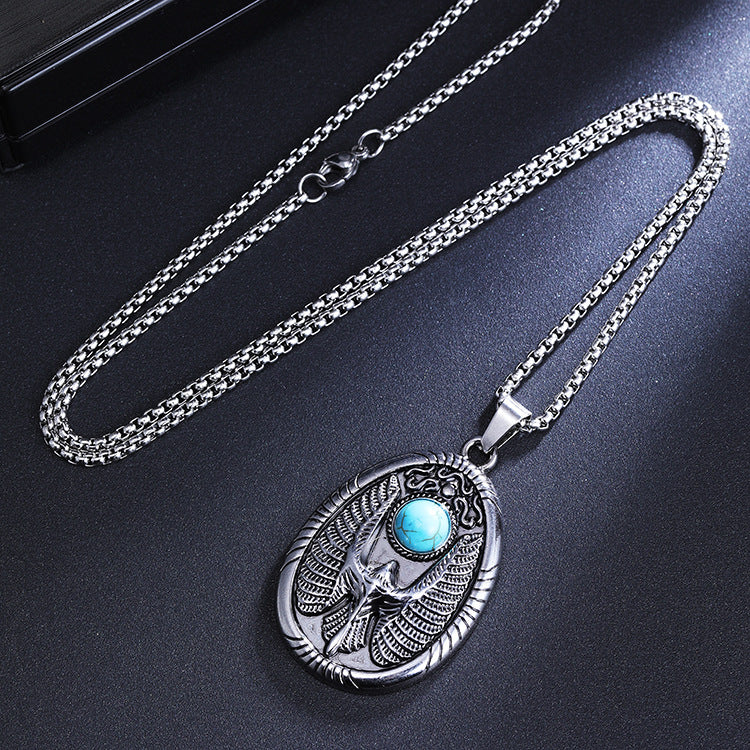 Retro Fashion Turquoise Flying Eagle Disc Necklace