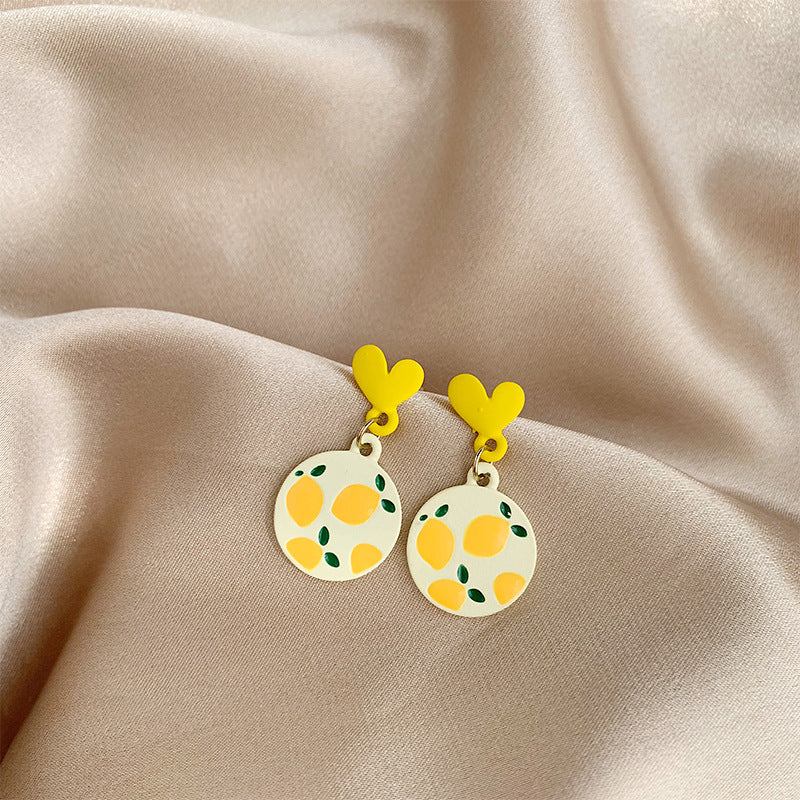 Fresh Love Heart Lemon Sweet Tide Niche Design Stud Earrings