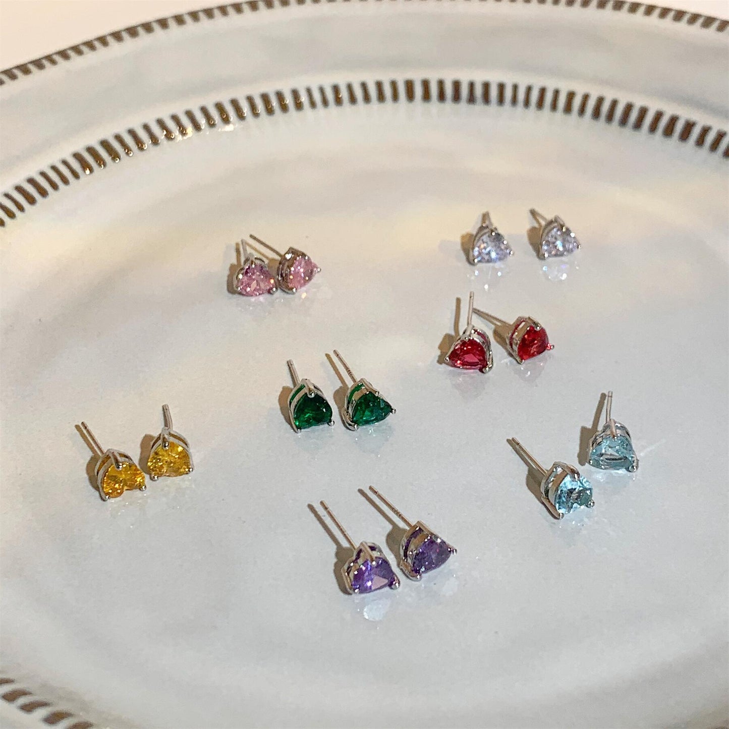 Women's Needle French Style Temperament Colored Loving Heart Zircon Earrings