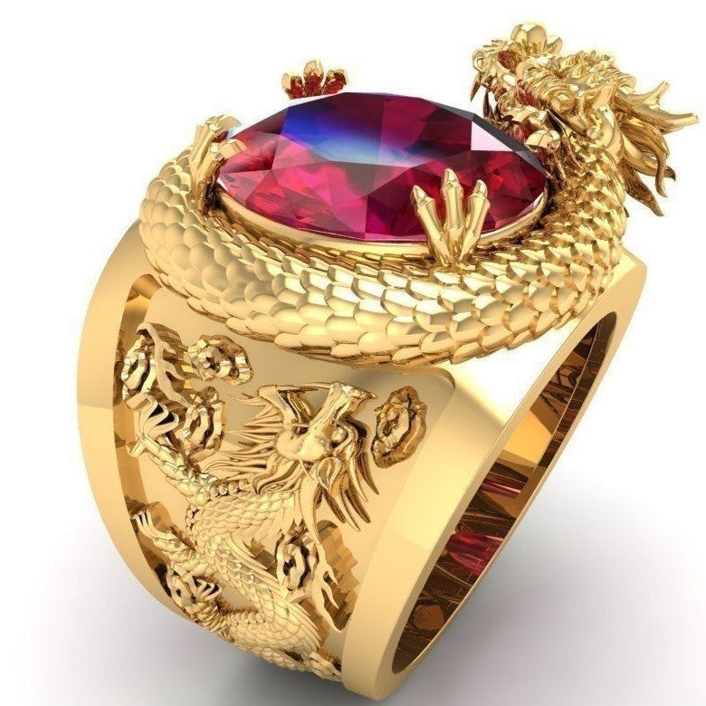 Gold Plated Domineering Dragon Inlaid Ruby Rings