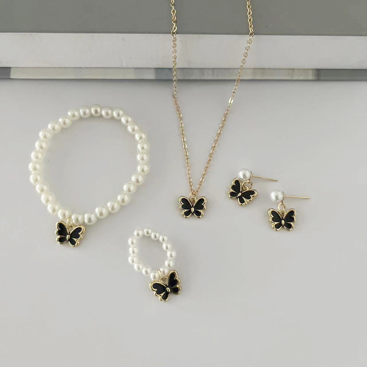 Children's Popular Dripping Oil Butterfly Pearl Female Jewelry Set