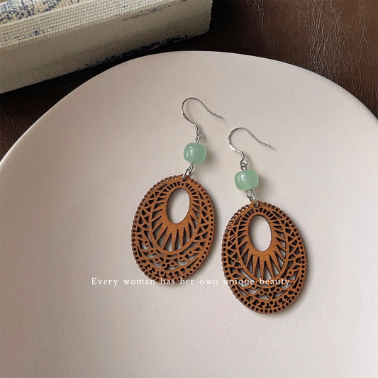 Chinese Style Aventurine Wooden Hand-made Design Sense Earrings