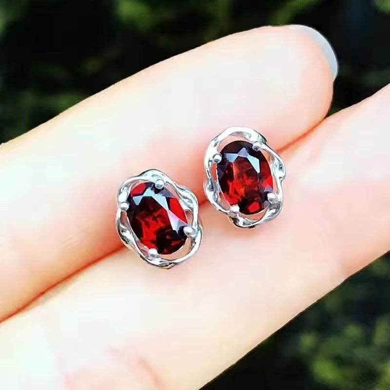 Women's Simple Fresh Simulation Red Garnet Sea Blue Topaz Colored Earrings