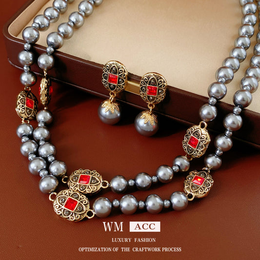 Oval Pearl Vintage Sweater Chain Light Luxury Jewelry Set