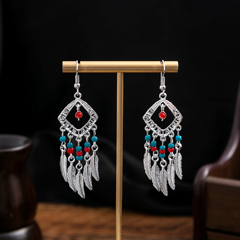 Miao Sier Colorful Long Feather Tassel Rings